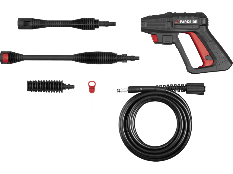 Pistola idropulitrice con tubo e vari accessori.