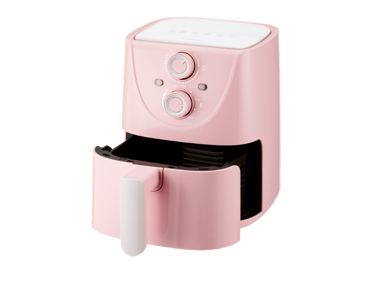 Friggitrice ad aria rosa con cassetto estraibile e manopole per tempo e temperatura.