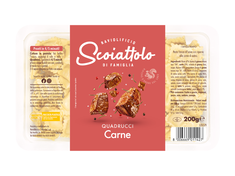 Confezione di pasta fresca ripiena di carne, con istruzioni di cottura e informazioni nutrizionali.