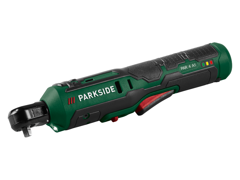 Chiave a cricchetto a batteria verde e nera con luce e indicatore di batteria.