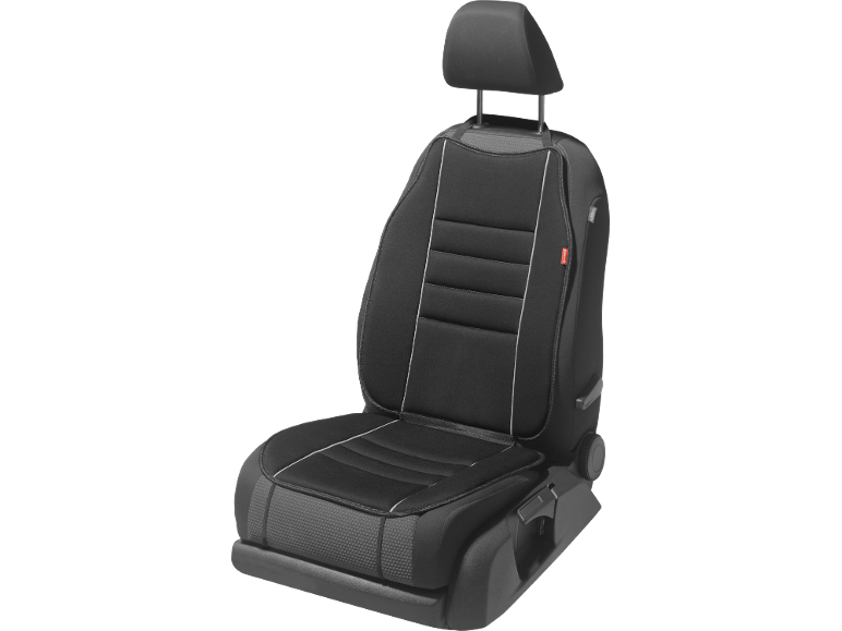 Sedile auto nero con coprisedile e poggiatesta.