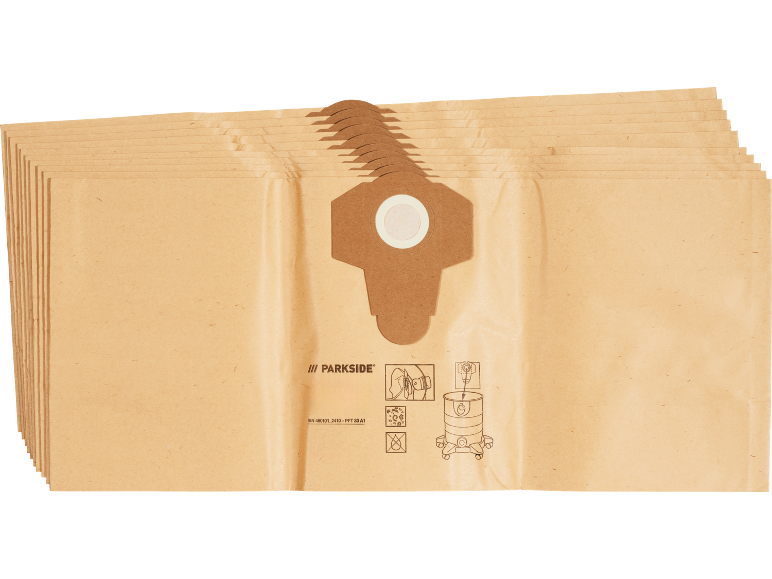 Pila di sacchetti di carta per aspirapolvere con istruzioni d'uso.