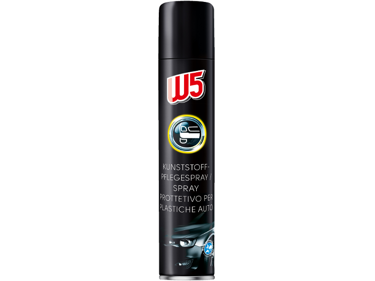 Spray aerosol nero per la cura della plastica dell'auto con il logo W5.
