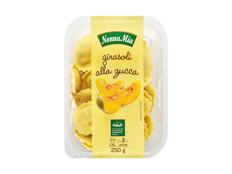 Pasta fresca ripiena di zucca in confezione di plastica, con testo 'girasoli alla zucca'.