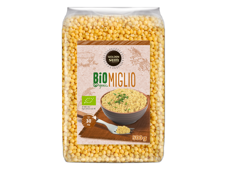 Confezione di miglio biologico con la scritta 'BIOMIGLIO Organic' e una ciotola di miglio cotto.
