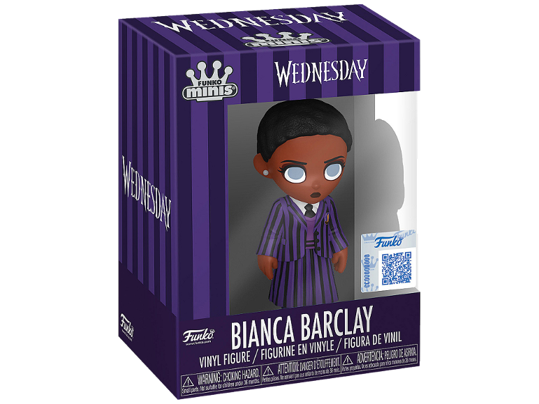Mini figura di Wednesday, statuetta in vinile di Bianca Barclay in scatola a strisce viola.