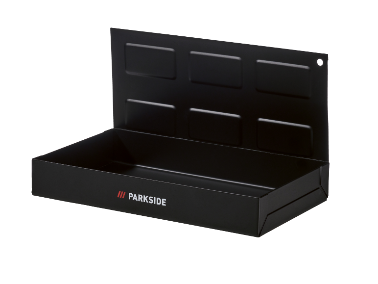Organizzatore da parete in metallo nero per attrezzi con logo.