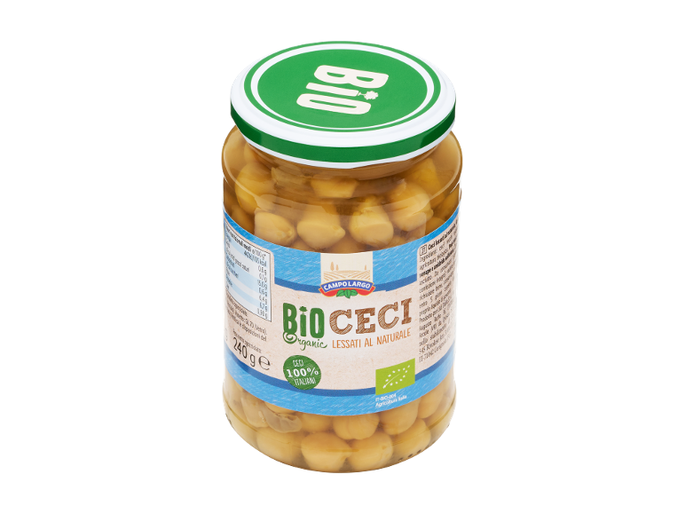 Barattolo di ceci biologici in salamoia, con coperchio verde ed etichetta.