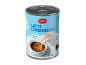 Latte condensato light in lattina, con immagine di latte versato in una tazza di caffè.