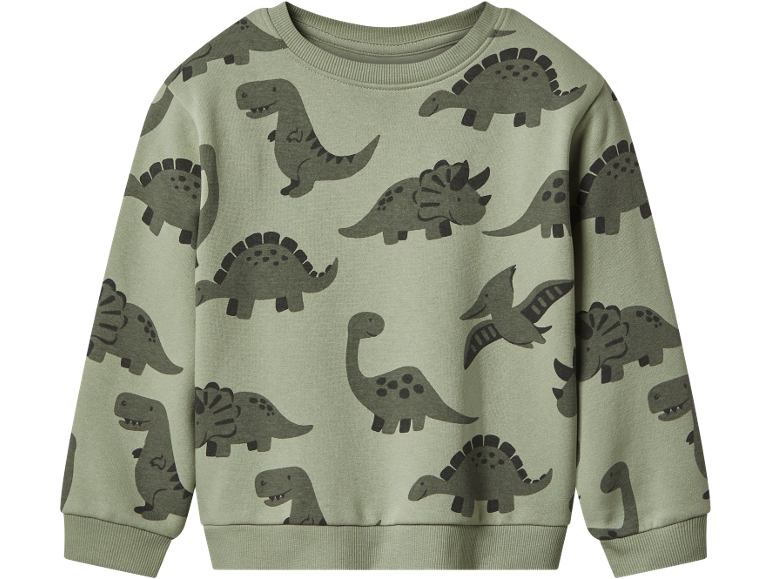 Felpa per bambini verde oliva con motivo dinosauri.