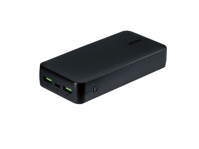 Power bank nero con due porte USB verdi e la scritta 'TRONIC'.