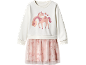 Vestito a maniche lunghe da bambina con stampa unicorno e gonna in tulle rosa.