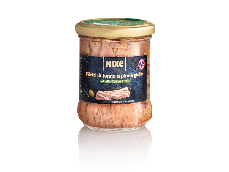 Vasetto di filetti di tonno a pinne gialle in olio d'oliva, con etichetta nera.