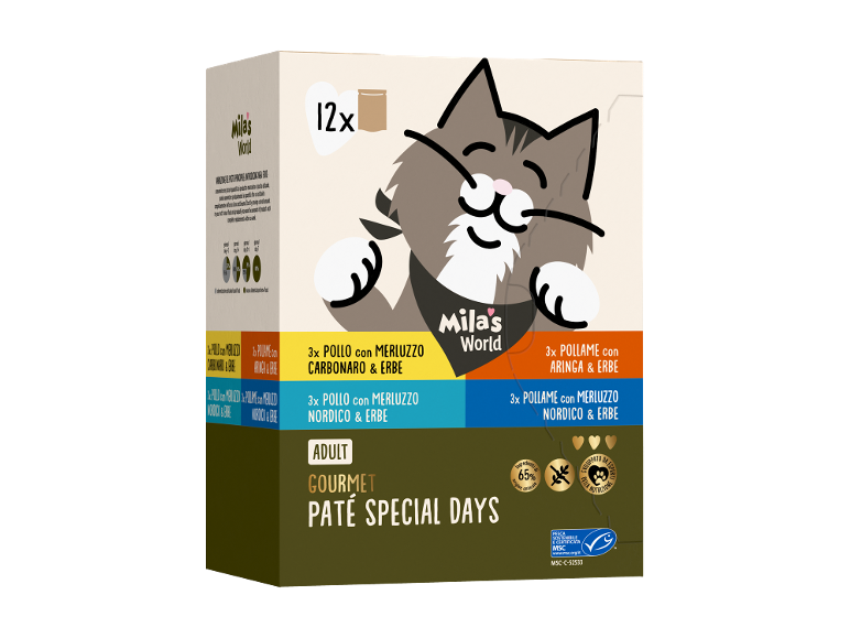 Cibo per gatti Mila's World, confezione da 12 paté in vari gusti, con un gatto a fumetti.