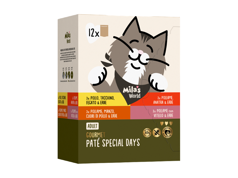 Scatola da 12 paté gourmet per gatti adulti con pollo, tacchino, fegato, anatra, manzo ed erbe.