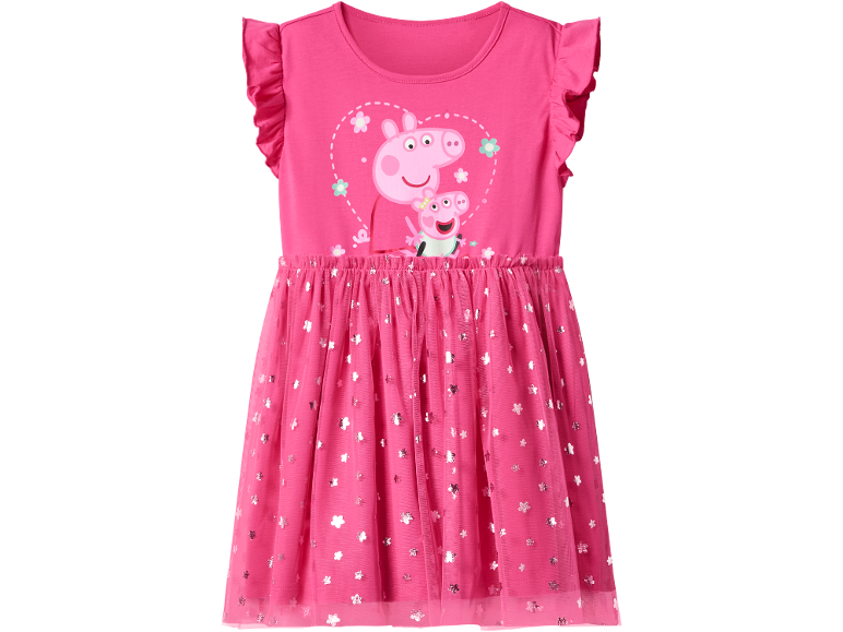 Vestito rosa da bambina con stampa di maialino e gonna in tulle glitterato.