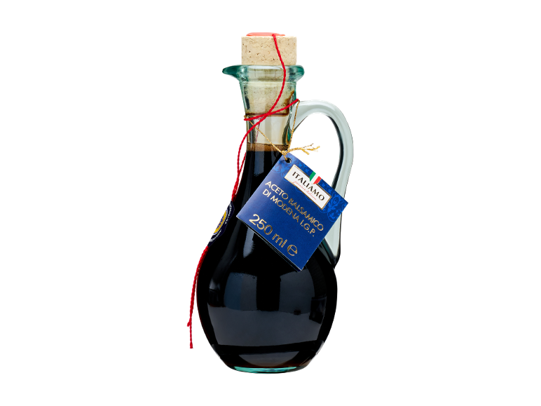 Bottiglia di aceto balsamico con etichetta blu che recita 'Aceto Balsamico di Modena I.G.P. 250 ml e'