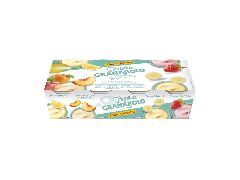 Confezione di yogurt misti con gusti limone, pesca e albicocca, banana e fragola.