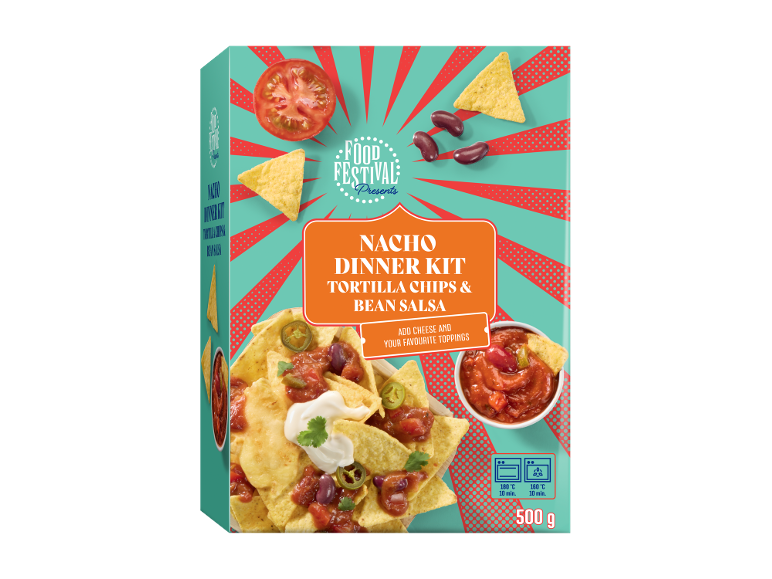 Kit cena nacho con patatine di tortilla e salsa di fagioli, con istruzioni di cottura e peso di 500g.