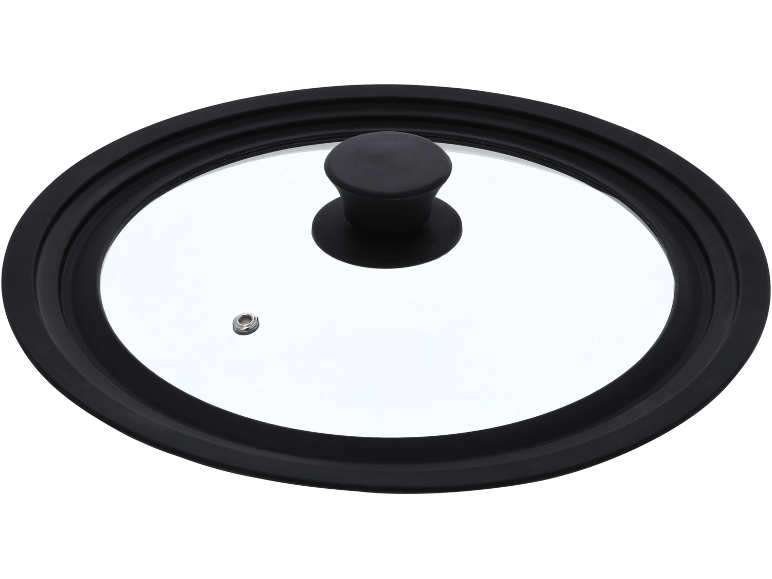 Coperchio rotondo in vetro per pentola con bordo in silicone nero e pomello nero
