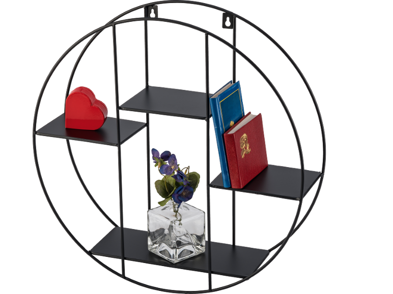 Mensola da parete rotonda nera con cuore rosso, libri e vaso di fiori.