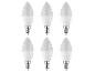 Sei lampadine LED bianche a candela con attacco E14 su sfondo nero.