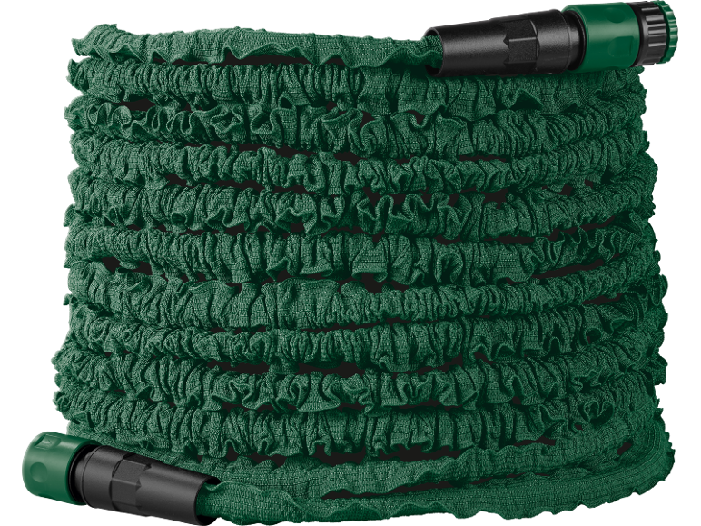 Tubo da giardino estensibile verde con connettori neri e verdi.
