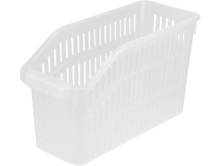Cesto portaoggetti in plastica trasparente con fessure di ventilazione.