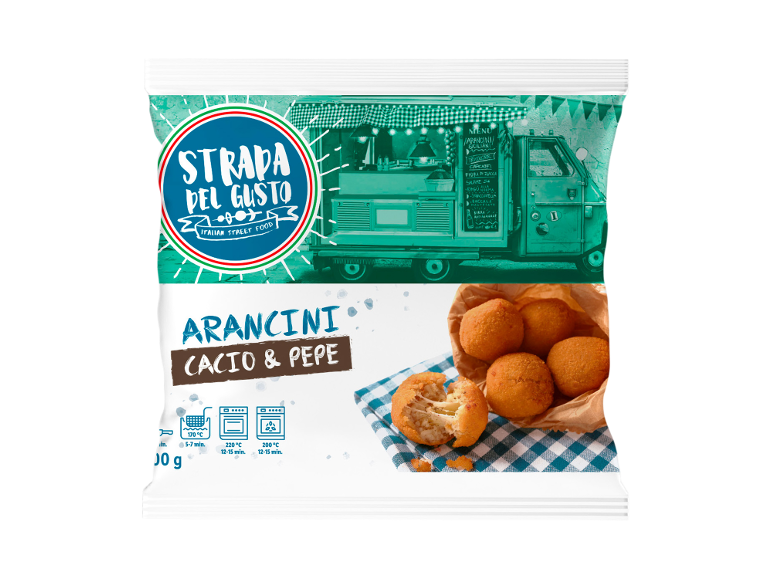 Confezione di arancini Cacio & Pepe con istruzioni di cottura e immagine di un food truck.