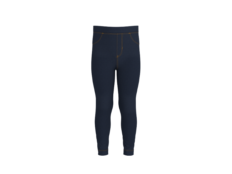 Leggings in denim blu scuro per bambini con cuciture arancioni.