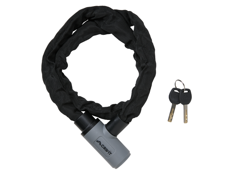 Lucchetto a catena per bicicletta nero con lucchetto grigio e due chiavi.