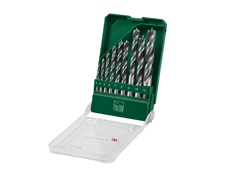 Set di punte per legno in custodia verde con coperchio trasparente, misure da 3 a 12 mm.