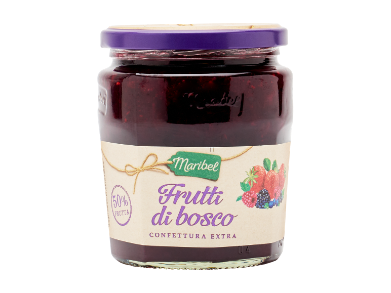 Vasetto di confettura di frutti di bosco con coperchio viola ed etichetta '50% FRUTTA'.