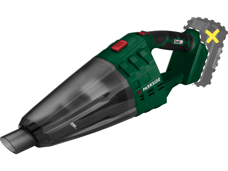 Aspirapolvere portatile senza fili verde e nero, con contenitore trasparente per la polvere.