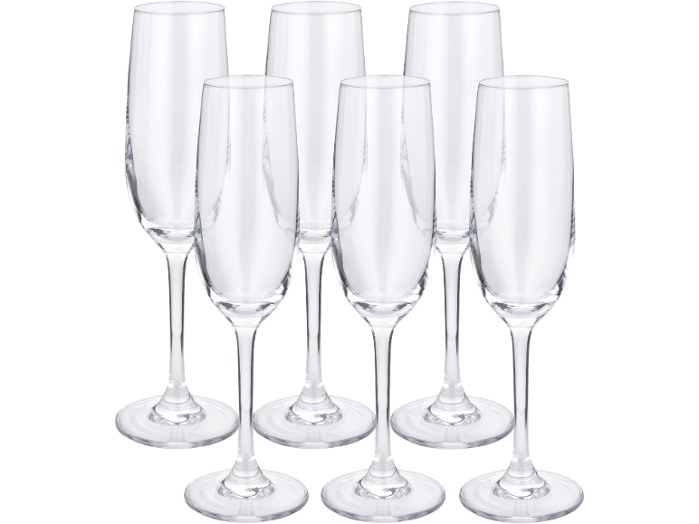 Sei flûte da champagne trasparenti con steli e basi satinati su sfondo nero