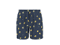 Pantaloncini da uomo blu scuro con motivo a limoni e foglie.
