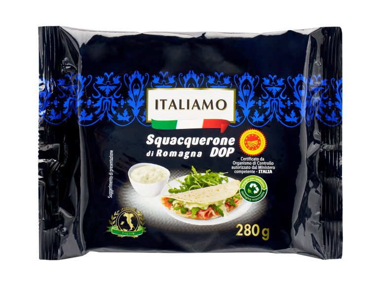 Confezione da 280 g di Squacquerone di Romagna DOP con suggerimento di presentazione.