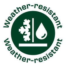 Sigillo verde 'Weather-resistant' con icone di fiocco di neve e goccia d'acqua.