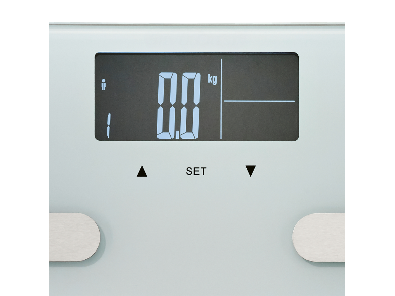Display della bilancia digitale che mostra 0.0 kg e pulsanti di impostazione.