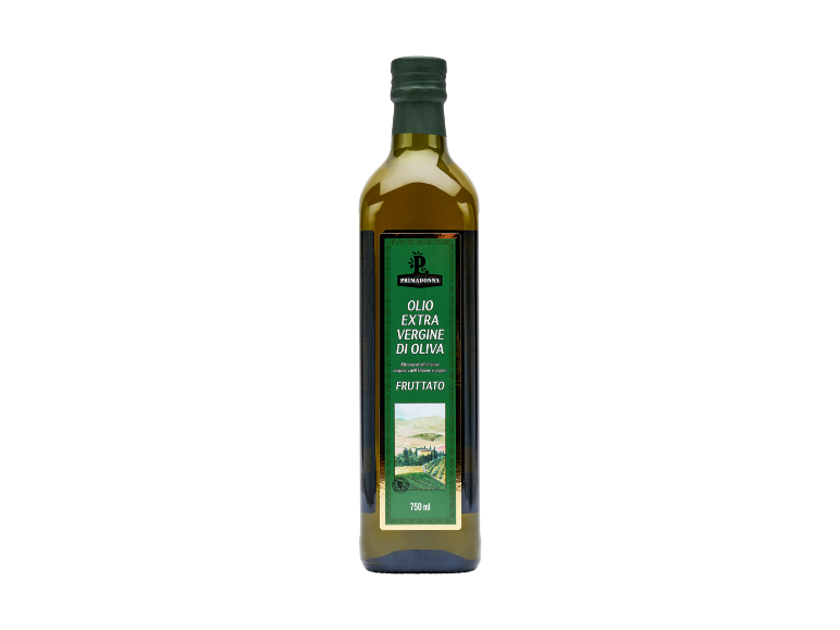 Bottiglia di olio extra vergine di oliva con etichetta 'FRUTTATO' e 750 ml.