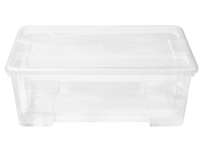 Contenitore in plastica trasparente con coperchio, ideale per organizzare vari oggetti.