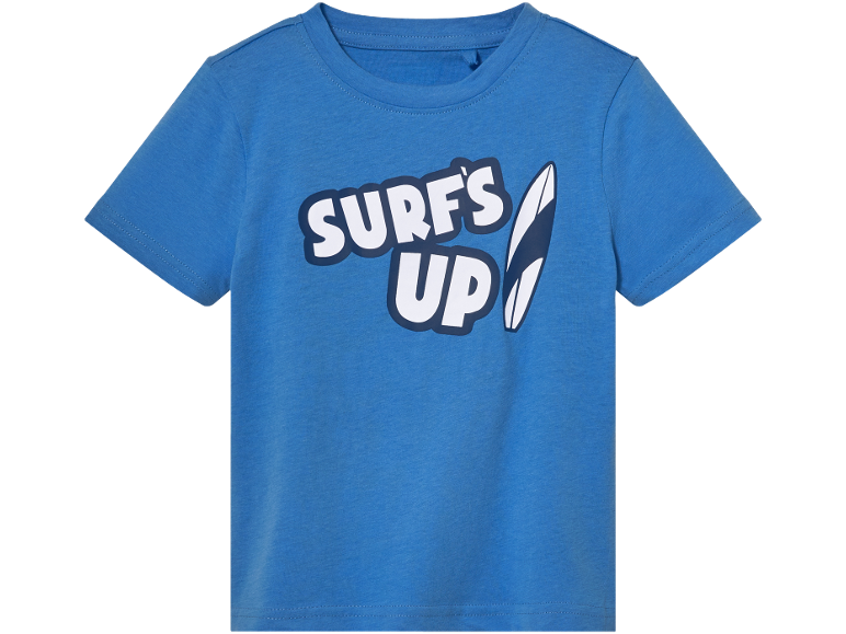 Maglietta blu a maniche corte con stampa bianca e blu scuro 'SURF'S UP' e tavola da surf.