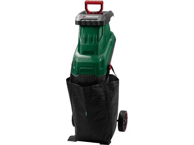 Biotrituratore da giardino verde con manico rosso e sacco di raccolta nero con ruote.