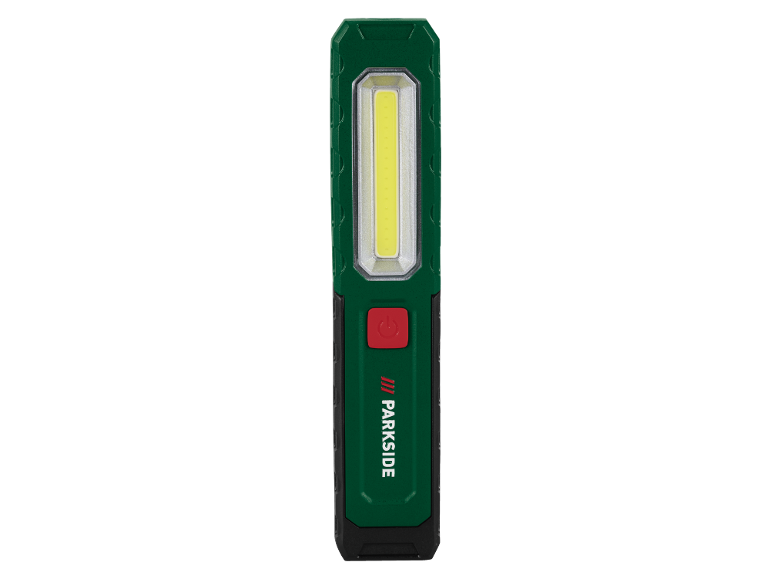 Lampada da lavoro LED verde con pulsante di accensione rosso.
