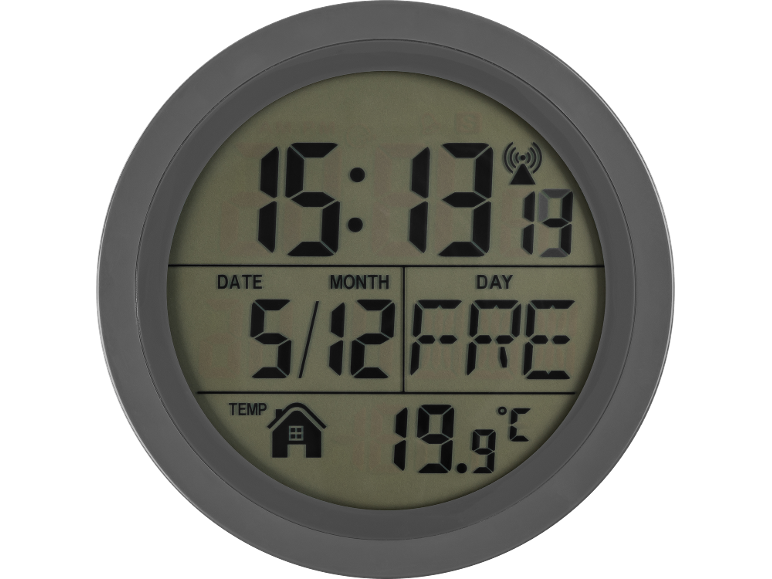 Orologio digitale che mostra ora, data, giorno e temperatura di 19,9°C.