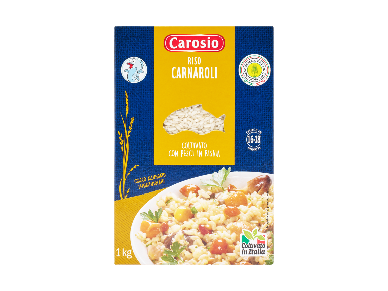 Confezione da 1 kg di riso Carnaroli con un piatto di riso cotto e tempo di cottura di 16-18 minuti.