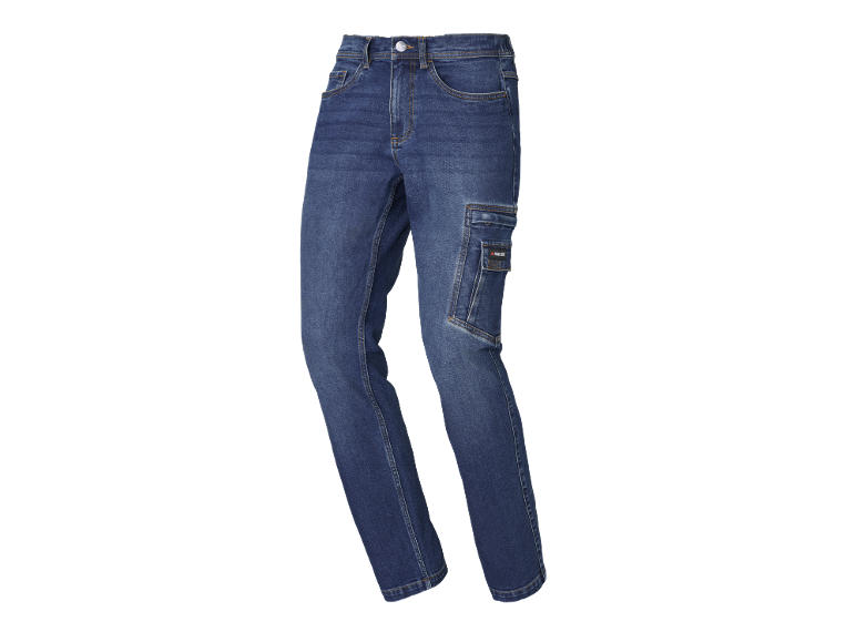 Jeans da lavoro blu con tasche laterali e dettagli di cucitura.