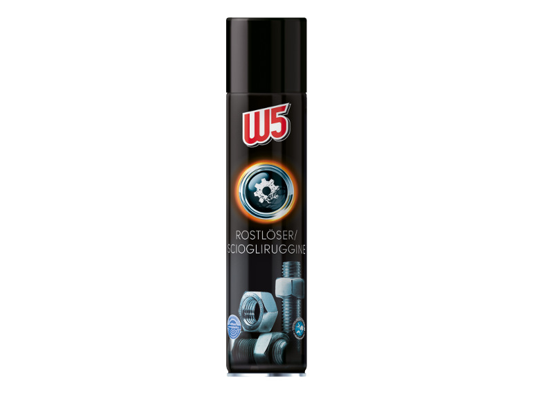 Bomboletta spray nera di sbloccante con dadi e bulloni.
