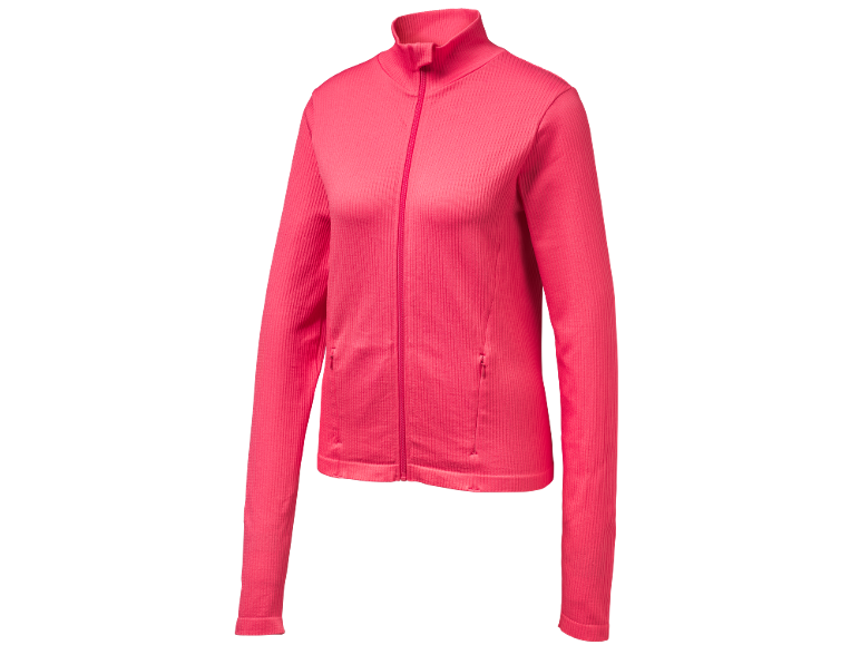 Giacca sportiva rosa a coste con cerniera intera, collo alto e tasche laterali.