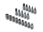 Set di bussole e inserti Torx e profilo E, incluse misure da E10 a E24 e da T20 a T70.